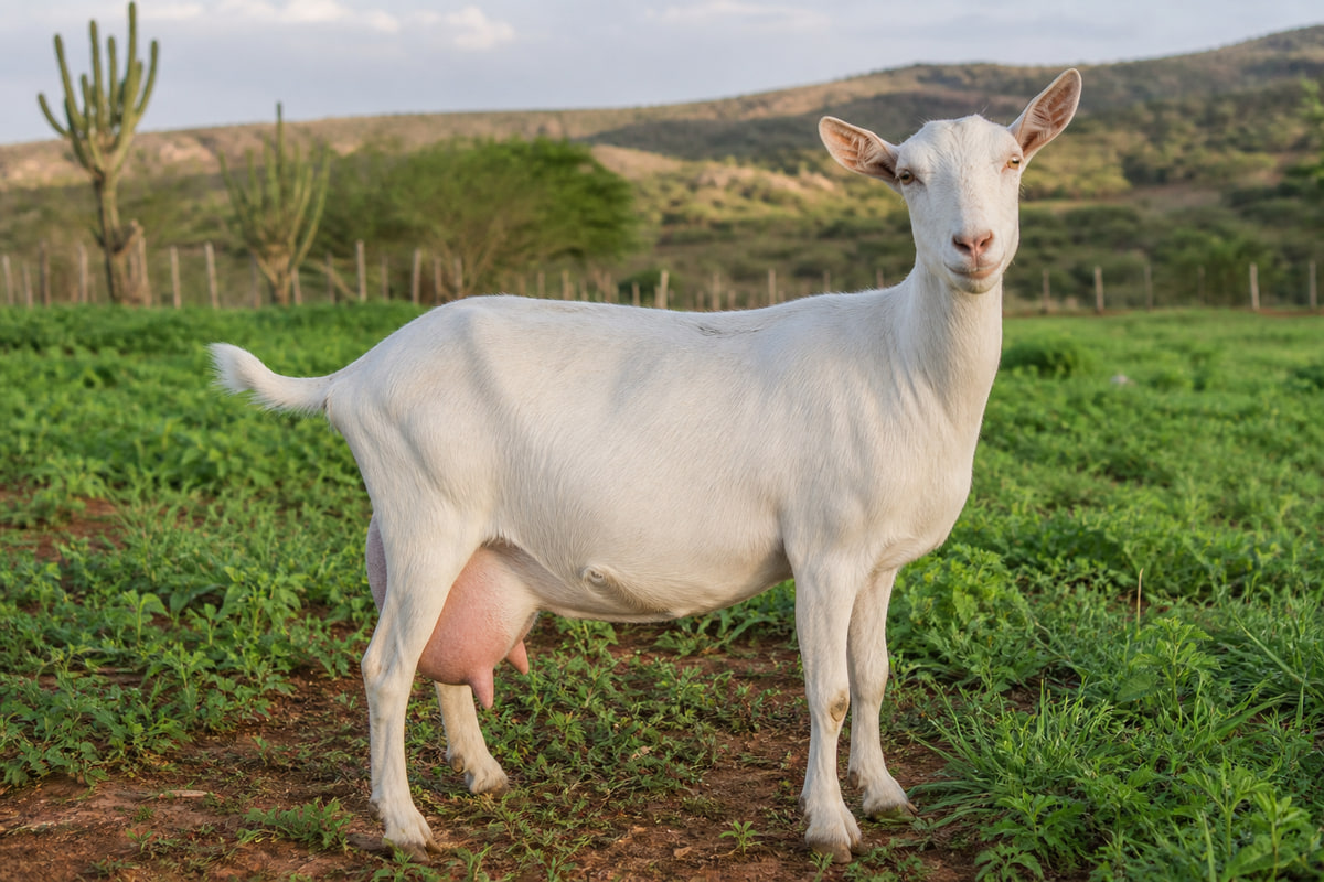 Cabra Saanen leiteira com úbere cheio no pasto